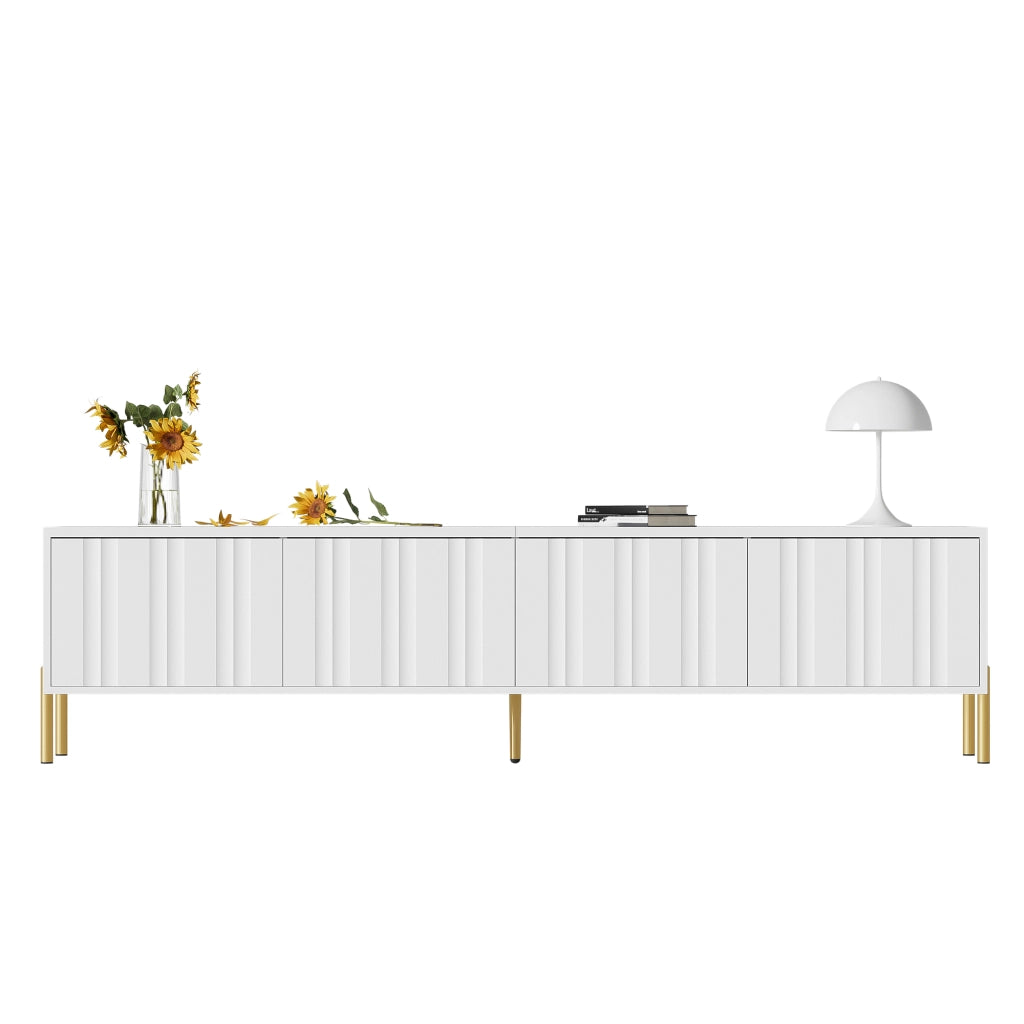 Mobile TV con 4 Ante e 8 Vani; Piedi Dorati; per Soggiorno; in MDF e Pannelli di Particelle; Bianco; 190×38×48 cm