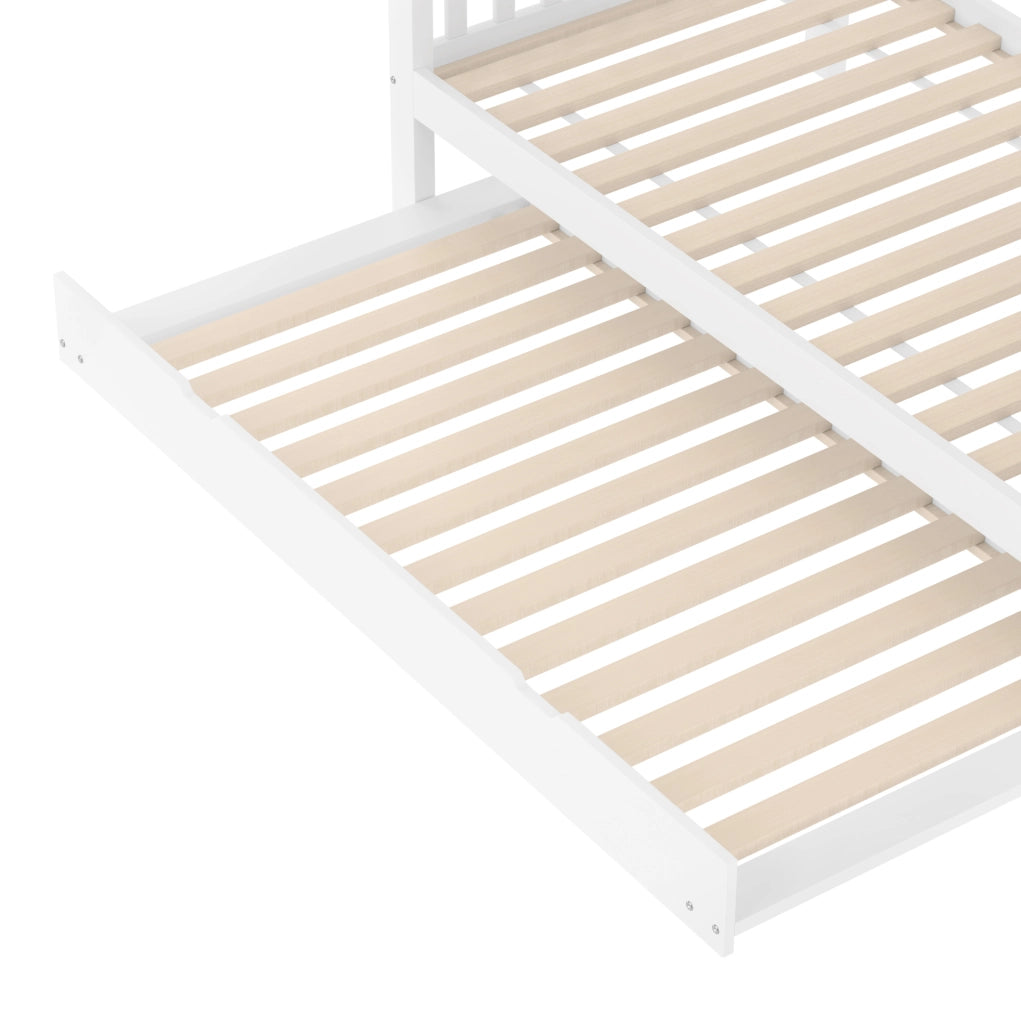 Letto a castello 90x200 cm con letto estraibile e scala con ripiani in pino bianco
