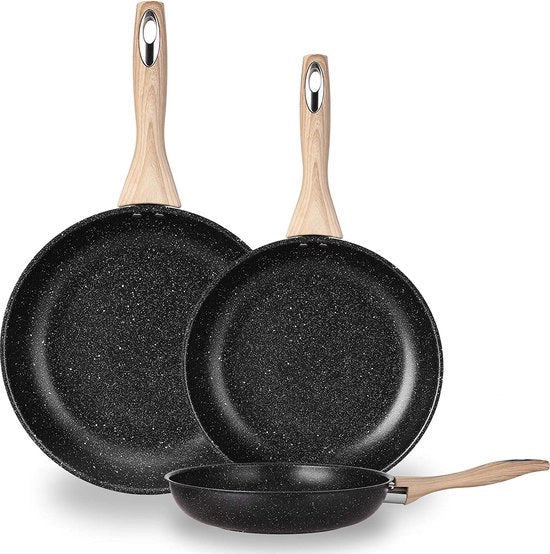 Set di padelle a tre pezzi con rivestimento antiscivolo, set di padelle in acciaio inossidabile 410 da 30 cm, 26 cm e 20 cm, nero