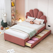 DESMIU Letto per Bambini 90 × 200 cm 1 Posto con 2 Cassetti e Testiera Floreale, senza materasso, Rosa