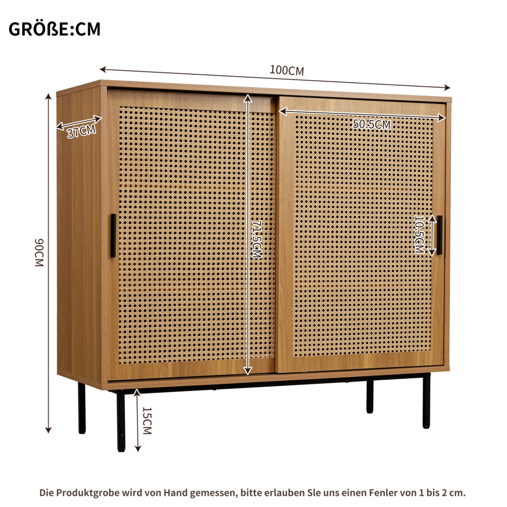 Credenza 100x37x90 cm con 2 ante scorrevoli in rattan; pannello truciolare noce