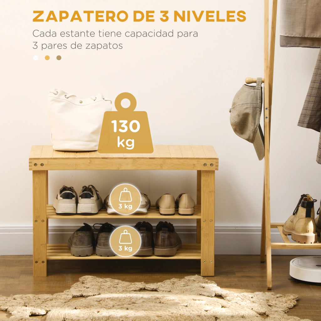 Scarpiera in Bamb¨´ con Seduta e 2 Ripiani ¨C zephmum ¨C Naturale 70x28x45 cm