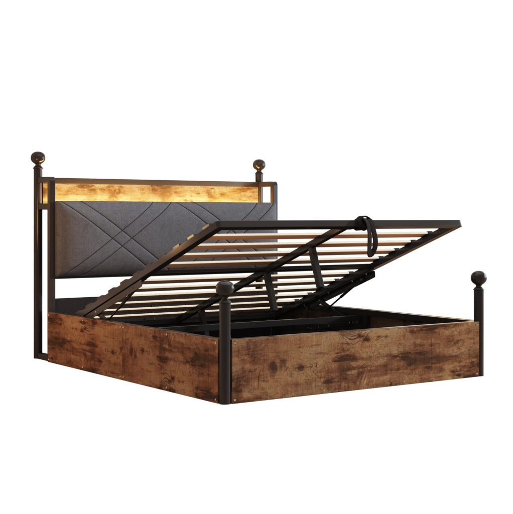Letto matrimoniale ULEVR 140x190 cm con contenitore idraulico, baldacchino removibile, LED, USB e Type-C, nero