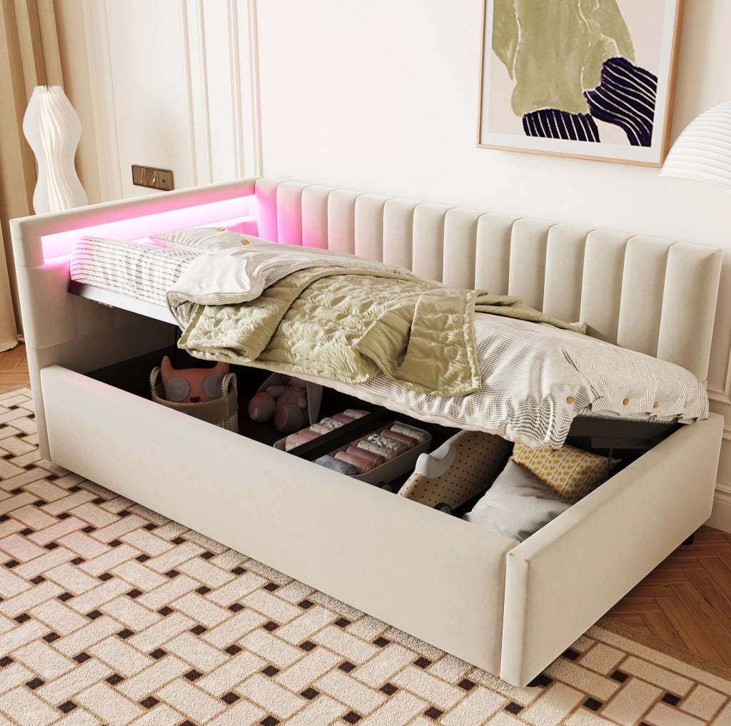Divano Letto Imbottito 90x200 con LED e Contenitore Idraulico in Velluto Beige