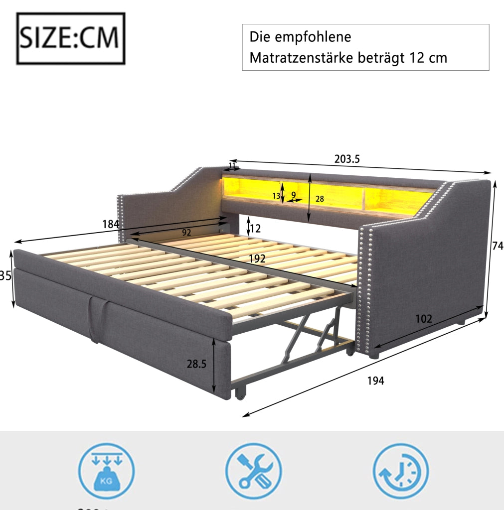 Divano letto imbottito estraibile 90/180x190 cm con LED e USB