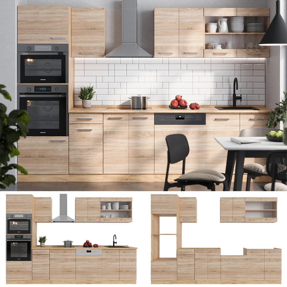 Cucina componibile R-Line Sonoma/Rovere dorato 300 cm con armadio alto, PL Marmo Vicco