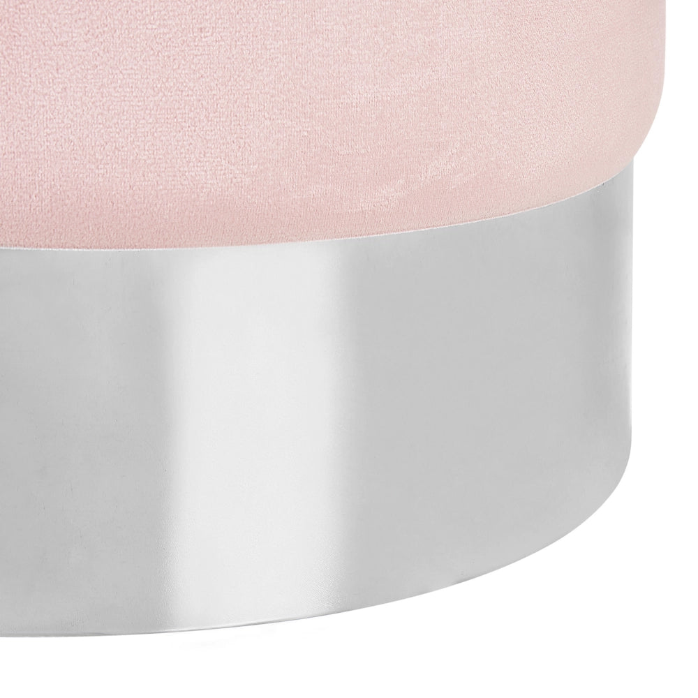 Pouf in velluto rosa con rivestimento in argento metallizzato con fascia stile glamour