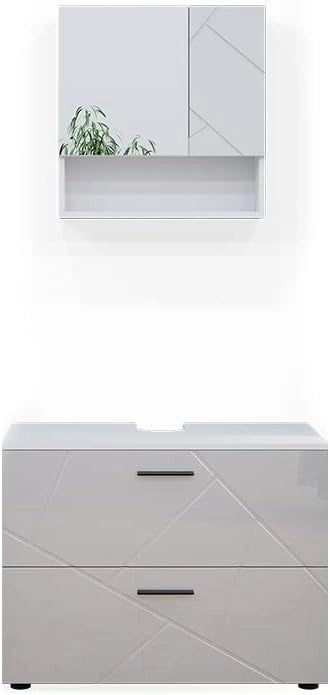 Set mobili bagno Irma, Bianco lucido, 80 cm, composto da specchio da bagno e mobile sottolavabo