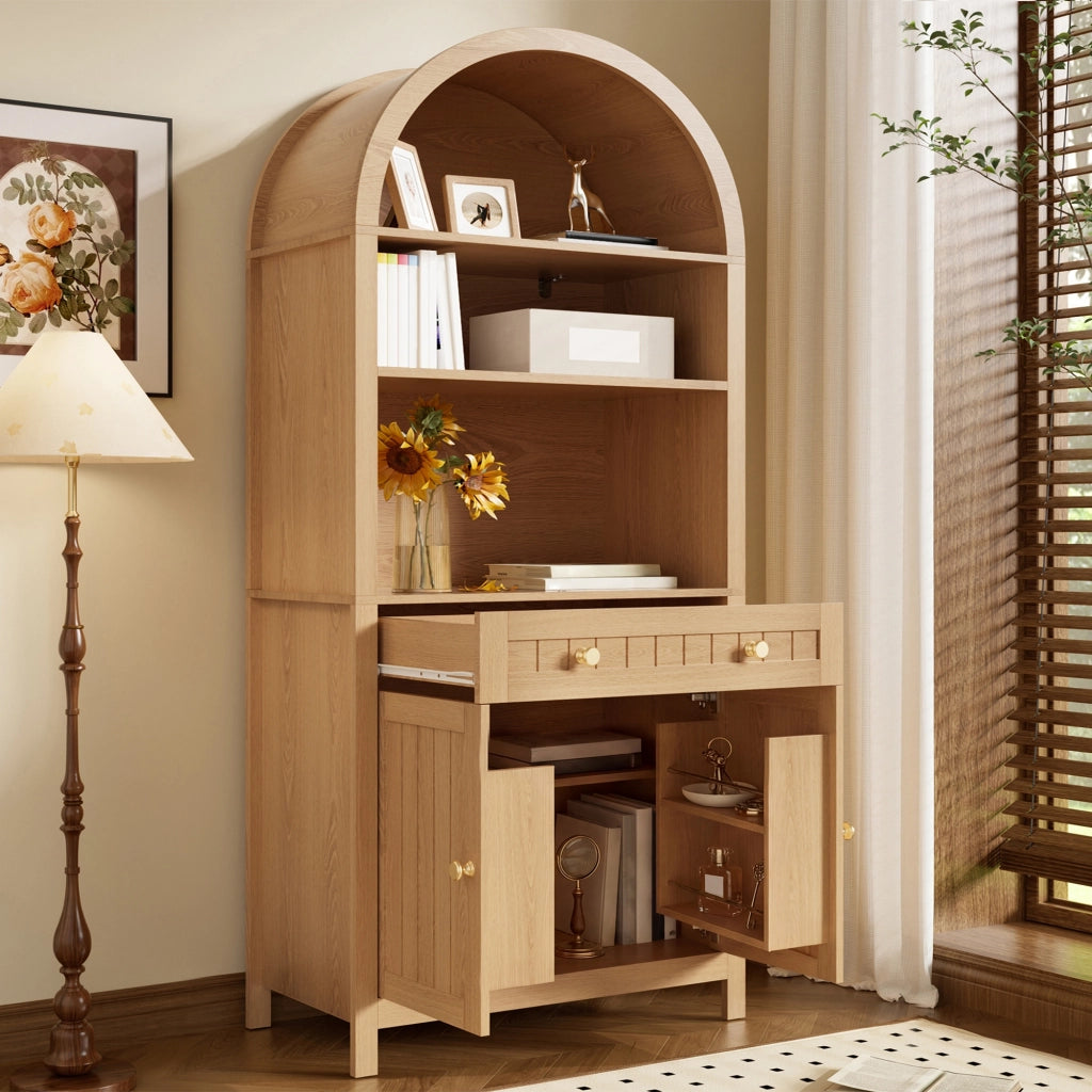Mobile da cucina, libreria, ante a doppia apertura, ripiano interno per le spezie, in truciolato + MDF, colore legno naturale