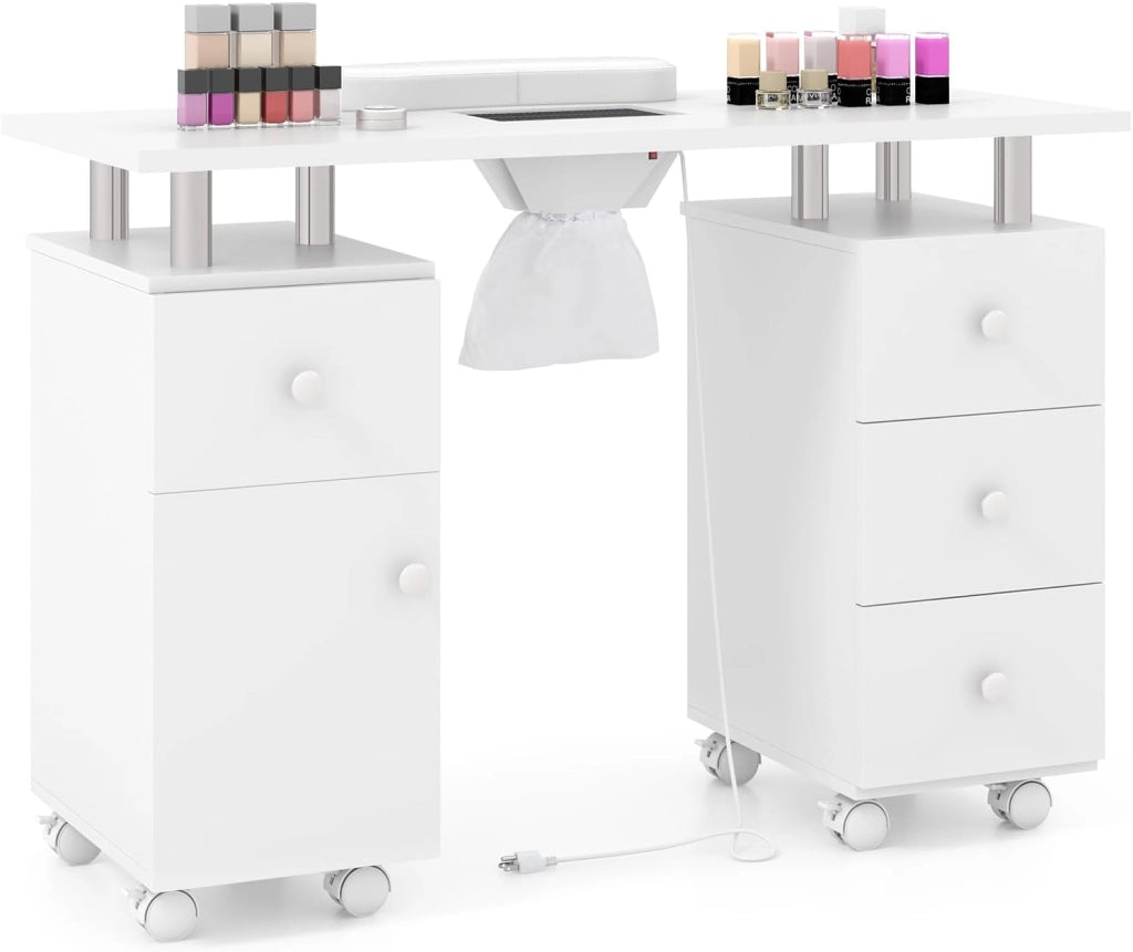 COSTWAY Tavolo Manicure con Aspirapolvere, Tavolo Unghie con Cassetti, Spina, 3 Sacchetti, Armadietto, Cuscino Poggia Polso e 8 Ruote blocabili, Banco Ricostruzione Unghie in Legno (Bianco)
