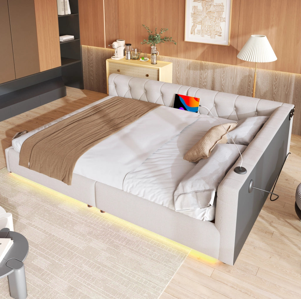 Letto daybed 140x200 cm in lino beige con LED e USB