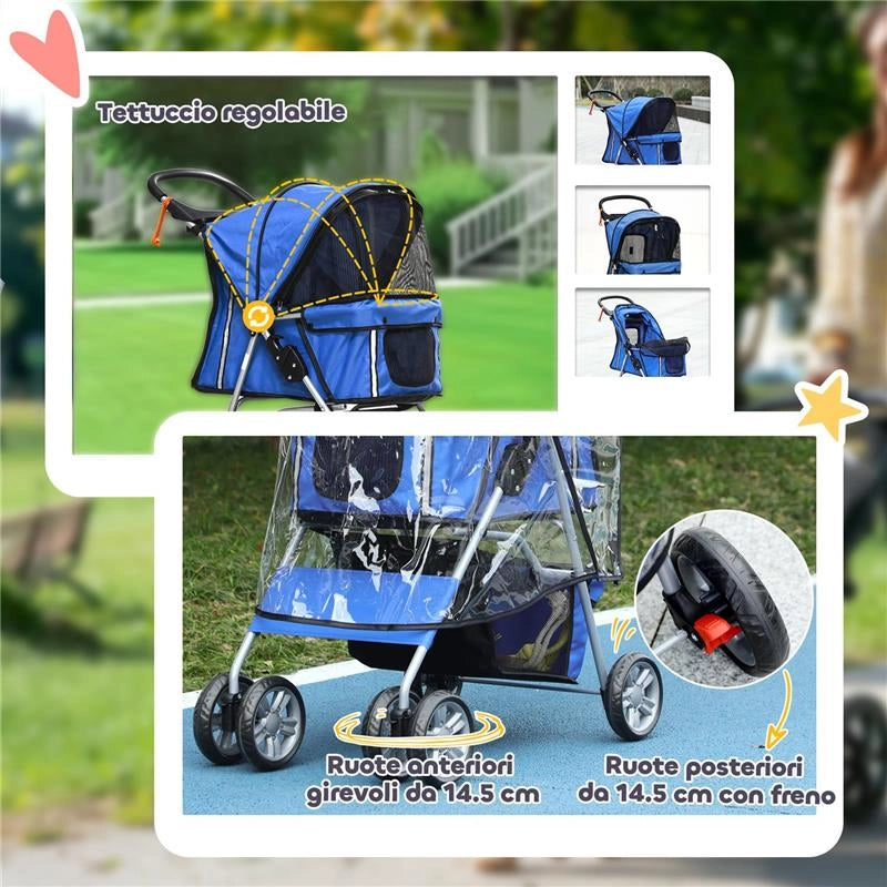 PASSEGGINO PER CANI PICCOLI PIEGHEVOLE CON COPERTURA ANTIPIOGGIA RUOTE GIREVOLI E CON FRENI BLU