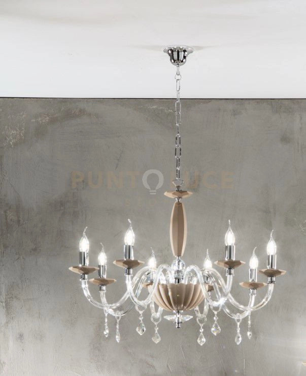 LAMPADARIO CECILIA 8 LUCI VETRO E CRISTALLO TORTORA E TRASPARENTE ATTACCO E14 D.85CM