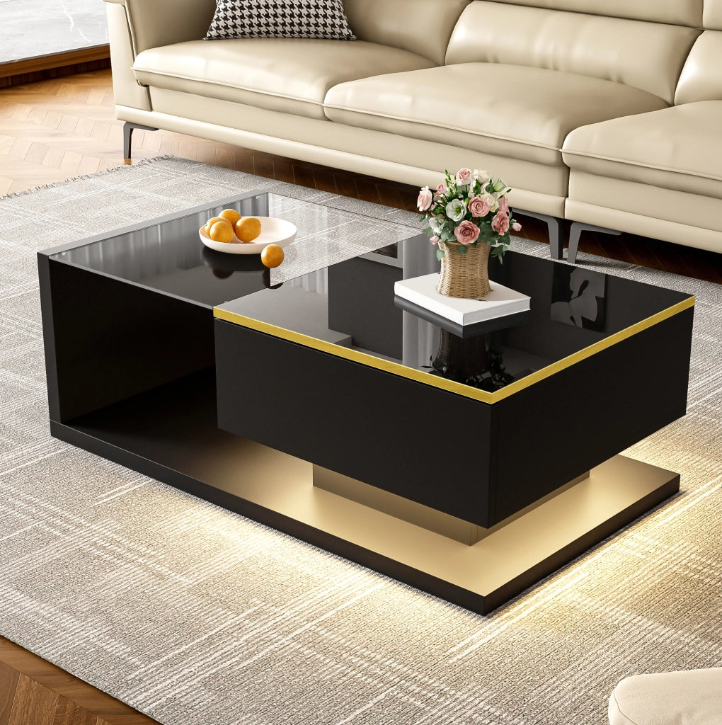 Tavolino da salotto nero con LED Bluetooth e vetro, 90 cm