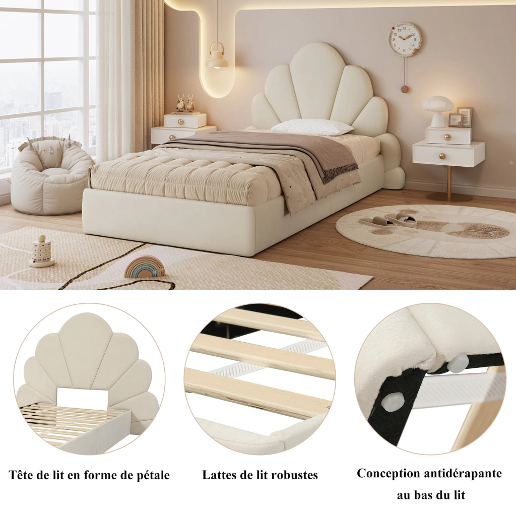 Letto singolo imbottito ULEVR 90x200 cm con testiera a petali e tavolini laterali, velluto beige