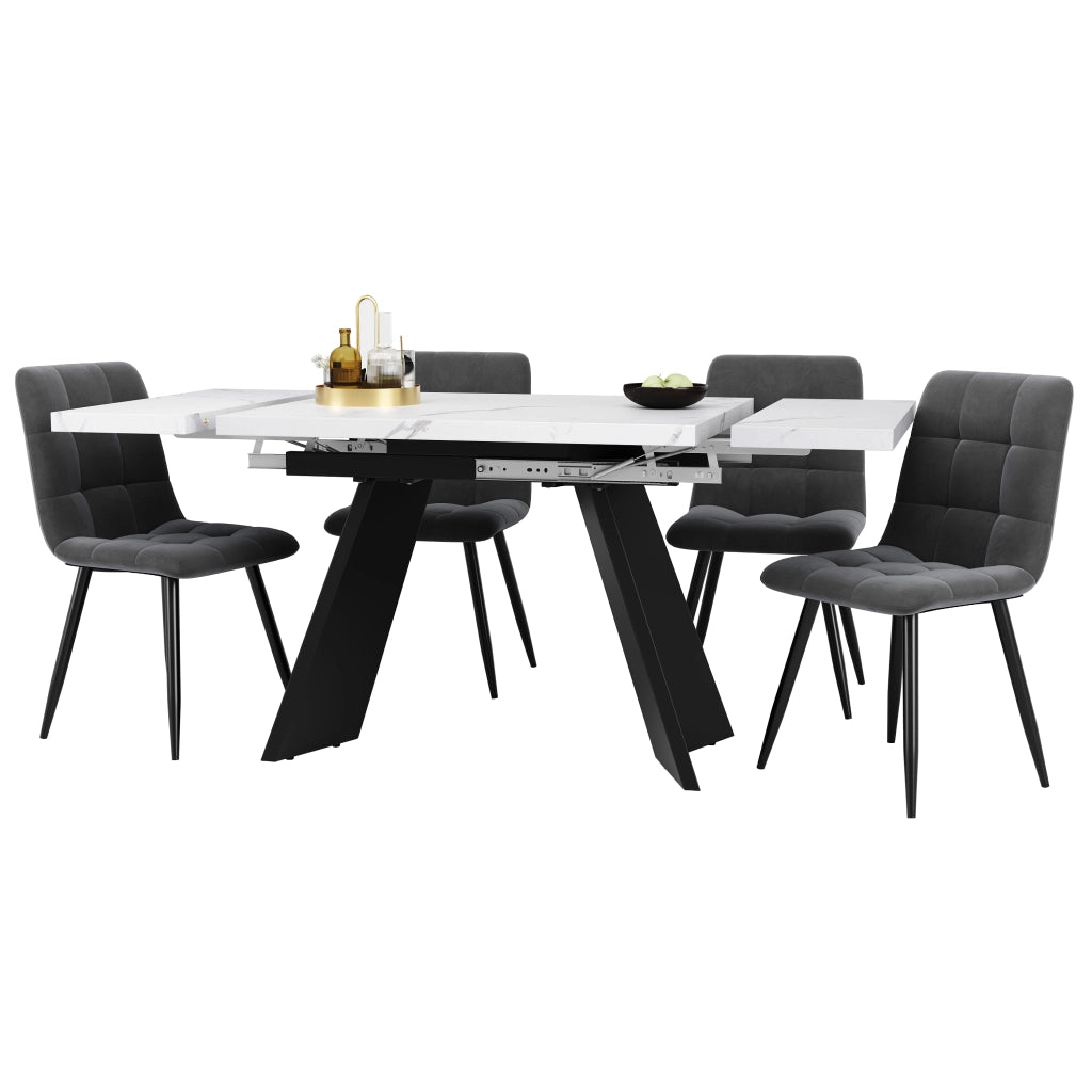 Tavolo da Pranzo Allungabile con 4 Sedie ¨C MINIMAL ¨C Bianco/Grigio Velluto, 160x80x75