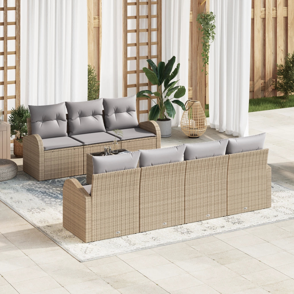 Set di divano da giardino 8 pezzi con cuscini Beige Poly Rattan