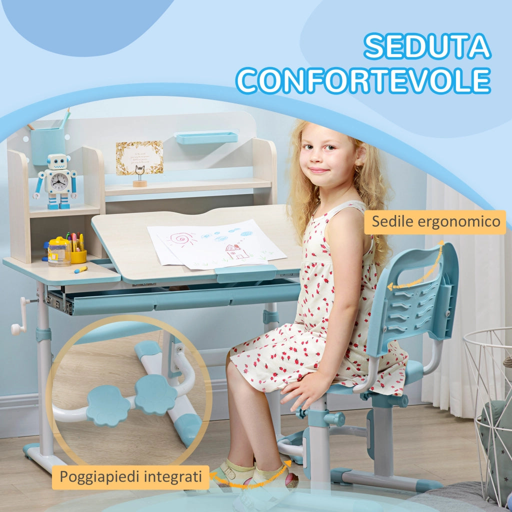 Set Scrivania e Sedia per Bambini da 3 Anni Regolabile Tavolo Inclinabile a 60° con Cassetto e Ripiani in PP e Acciaio