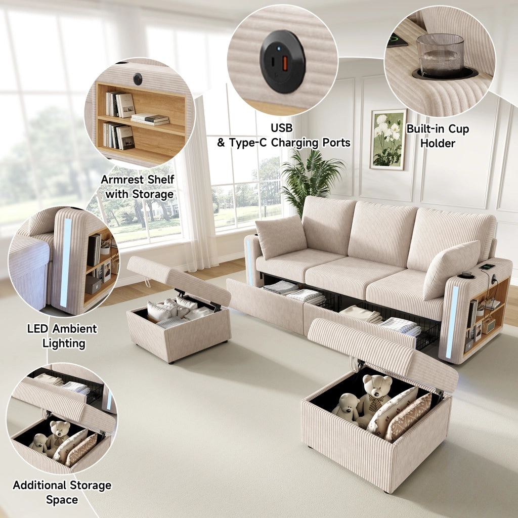 Divano angolare modulare in tessuto a coste con seduta contenitore, LED, USB e porta bicchieri beige