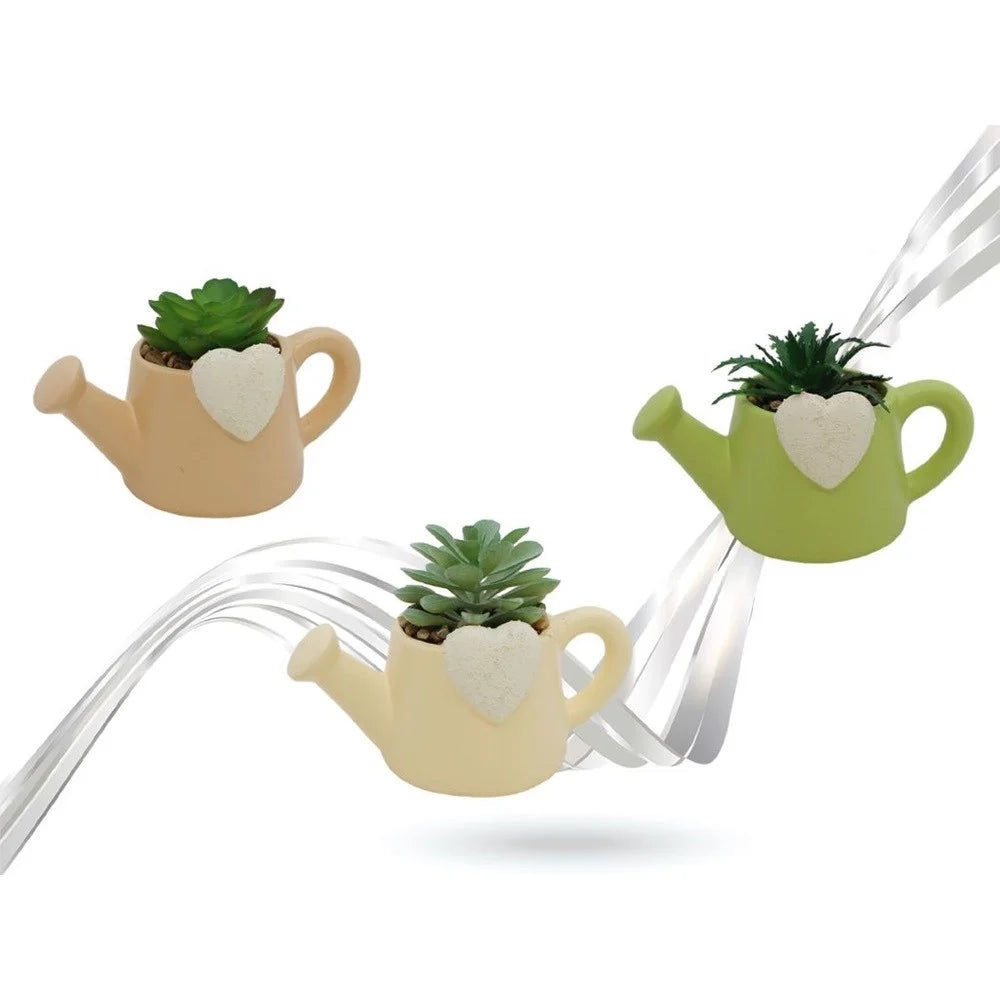 Trade Shop - Vaso A Forma Di Innaffiatoio Con Cuore In Ceramica Con Piantina Grassa Artificiale 9013144 -