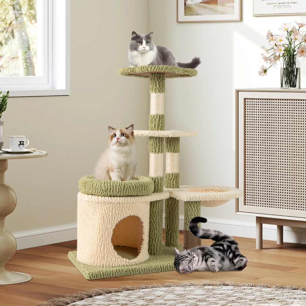 Albero per gatti alto 97cm con pali di sisal per graffiature, Torre multi-livello estetica con condominio Verde-Alberi Tiragraffi