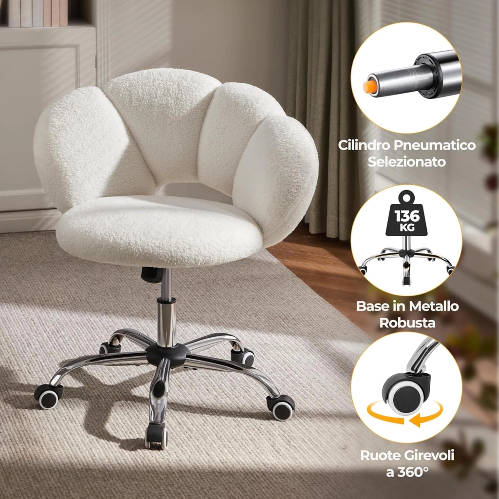 Sedia da Ufficio Scrivania Bianca Cameretta Imbottita Senza Braccioli Ergonomica con Ruote Girevole, Schienale Design a Nuvola in Tessuto Bouclé, Altezza Regolabile