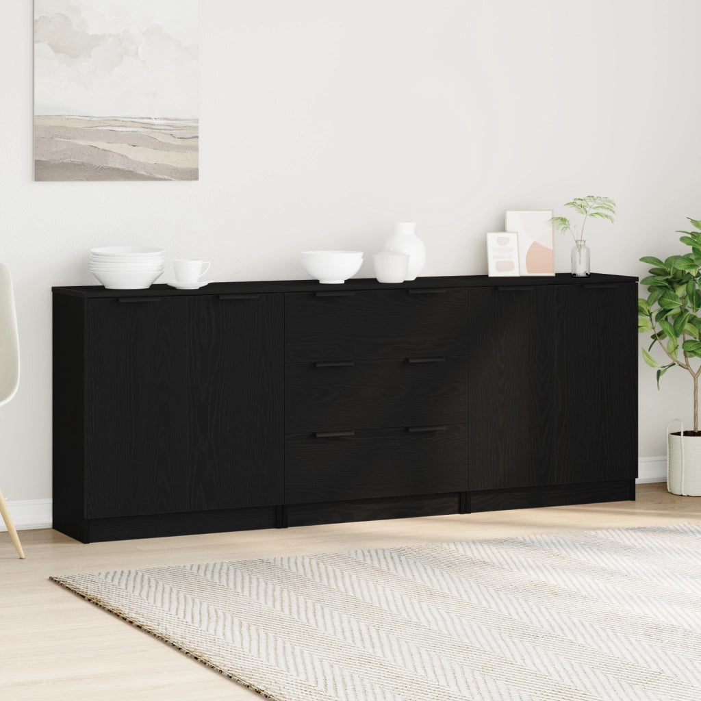 3 Pezzi Mobiletti Nero Rovere Legno Ingegnere