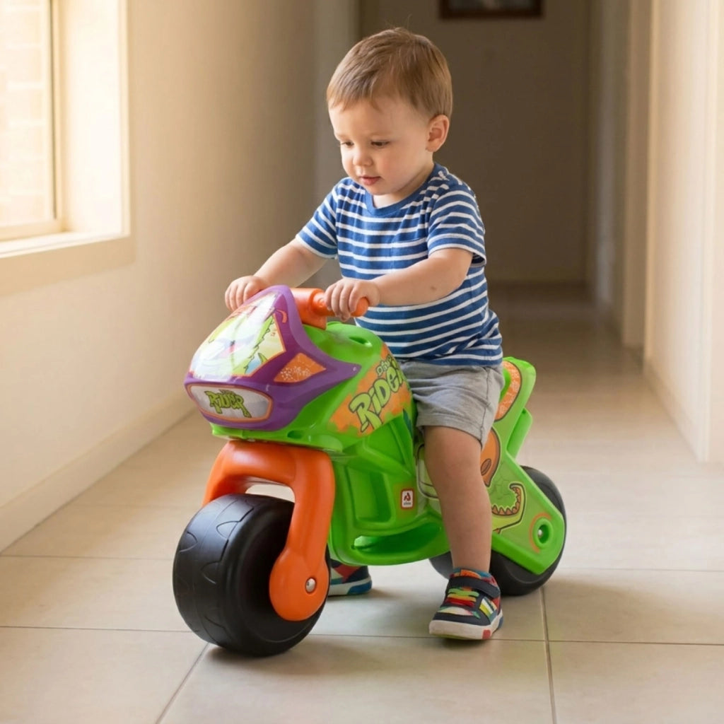 Moto Cavalcabile per Bambini Twin Dessert Dino Senza Pedali Verde e Arancione