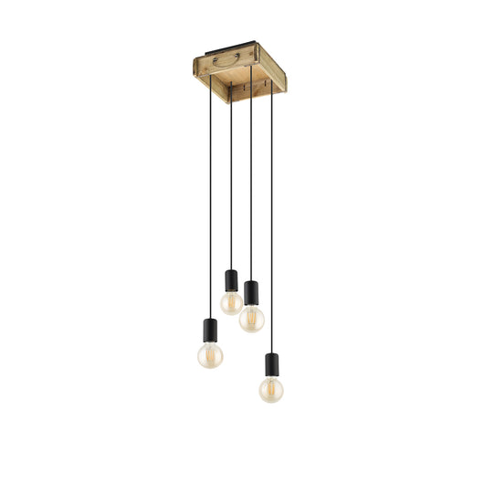 Lampadario A Sospensione Vintage Wootton Metallo Nero Legno 4 Luci E27