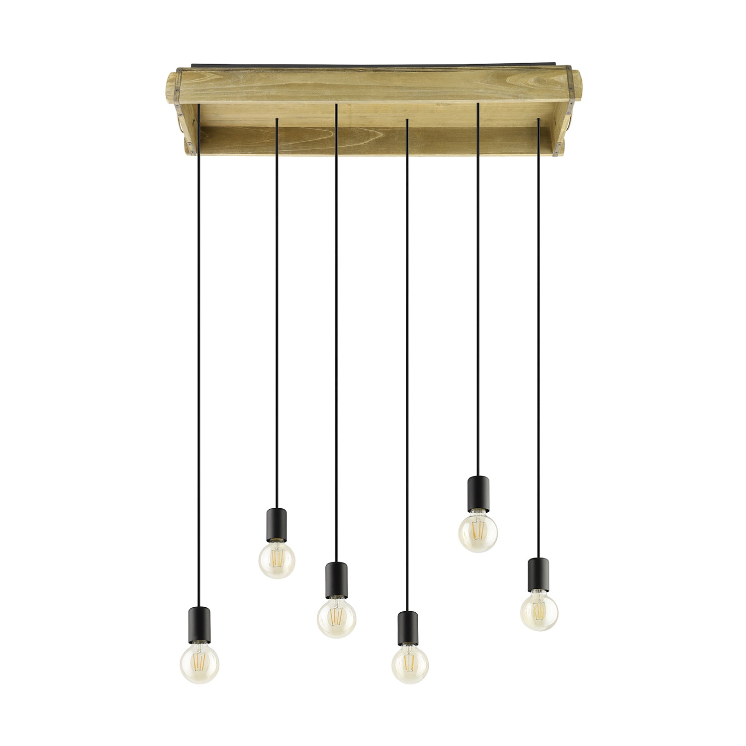 Lampadario A Sospensione Vintage Wootton Metallo Nero Legno 6 Luci E27