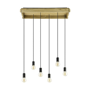 Lampadario A Sospensione Vintage Wootton Metallo Nero Legno 6 Luci E27