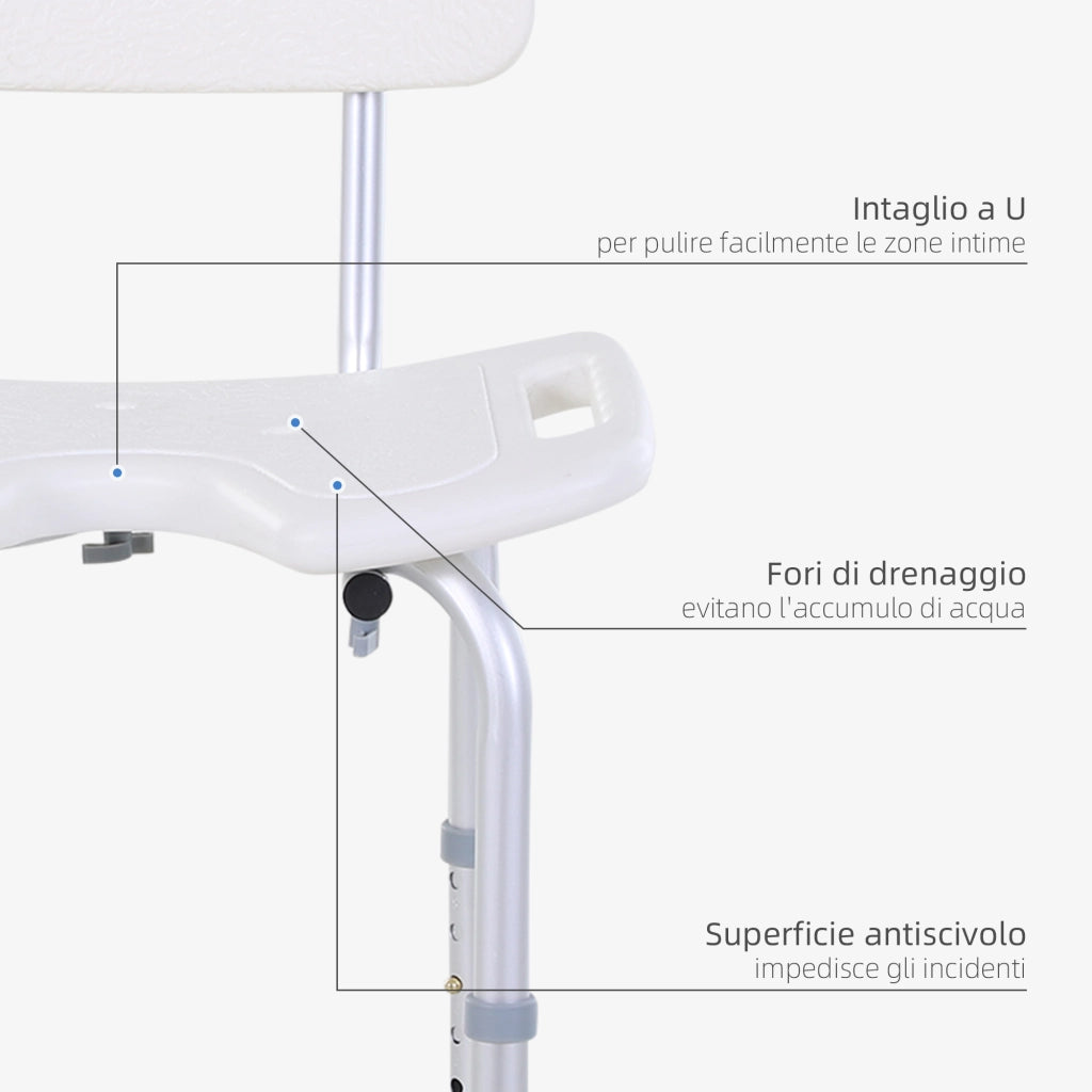 Sedia Doccia Regolabile su 8 Livelli con Fori di Drenaggio, in Alluminio e PE, 48x42x71-83.5 cm, Bianco e Argento