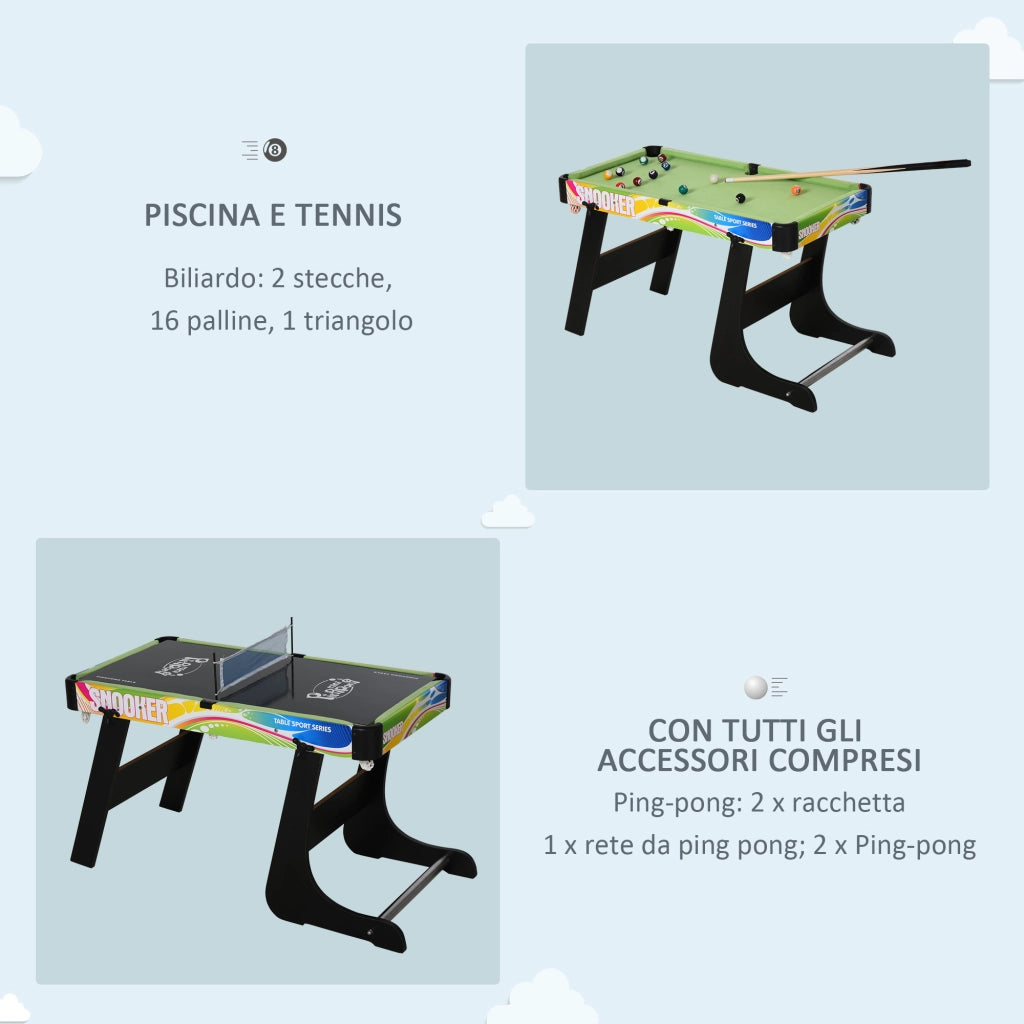 Tavolo da Gioco 4 in 1 Pieghevole per Calcio-Balilla. Biliardo. Air Hockey e Ping Pong. in MDF e Plastica