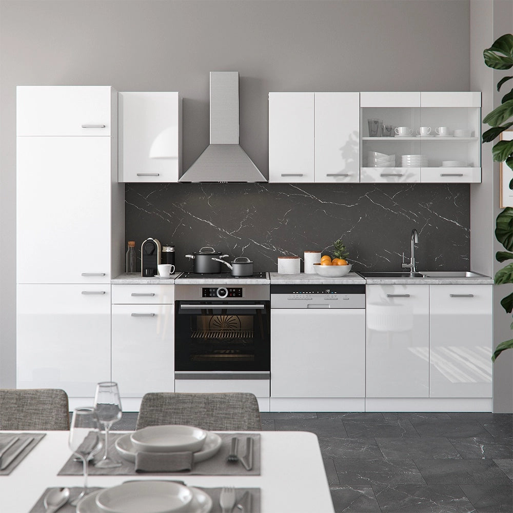 Cucina componibile R-Line Bianco lucido/Bianco 300 cm, PL Marmo Vicco