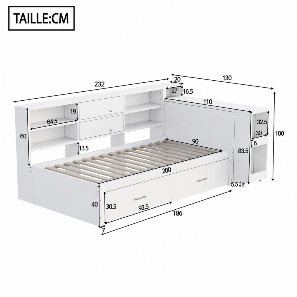 LETTO Multifunzionale 90x200 cm in legno bianco con cassetti e scrivania estraibile
