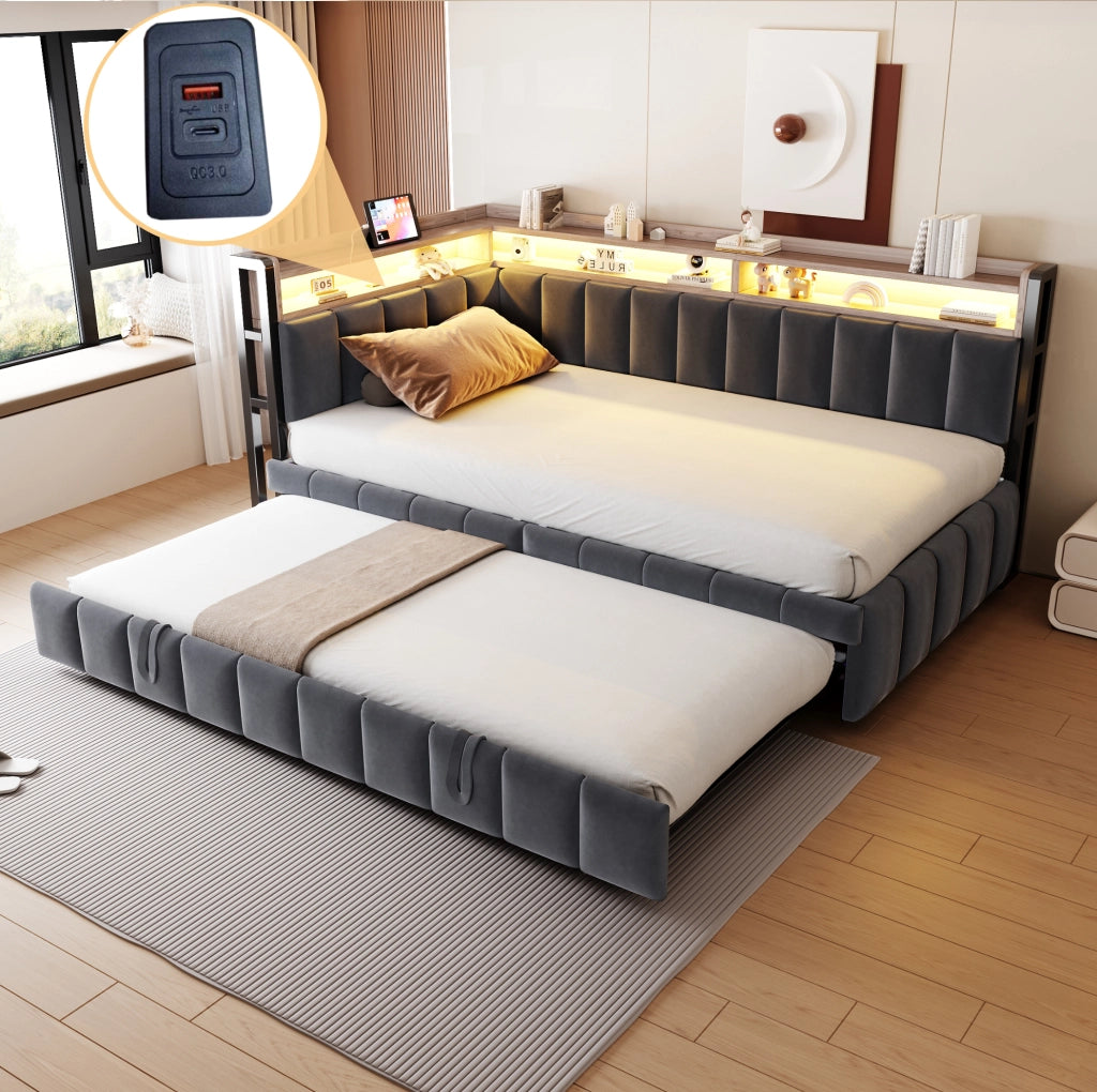 Divano letto estraibile 90x200 cm con LED, USB e USB-C