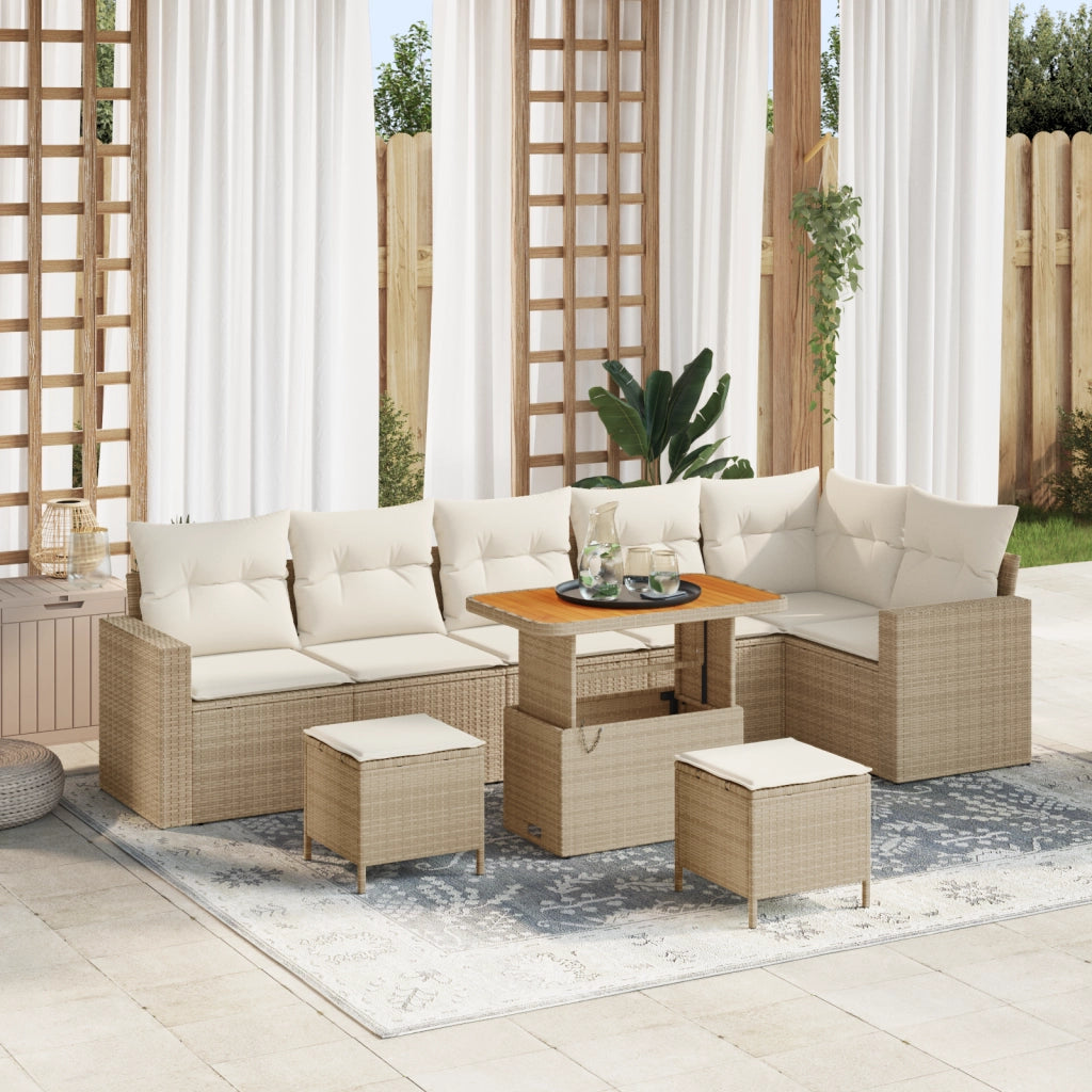 Set Divano da Giardino  9 Pezzi con Cuscini Beige Rattan Poliacetato