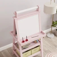 Lavagna per Bambini con Cavalletto 3 in 1, Rotolo di Carta e 2 Contenitori, in Legno, 59x48x118 cm, Rosa