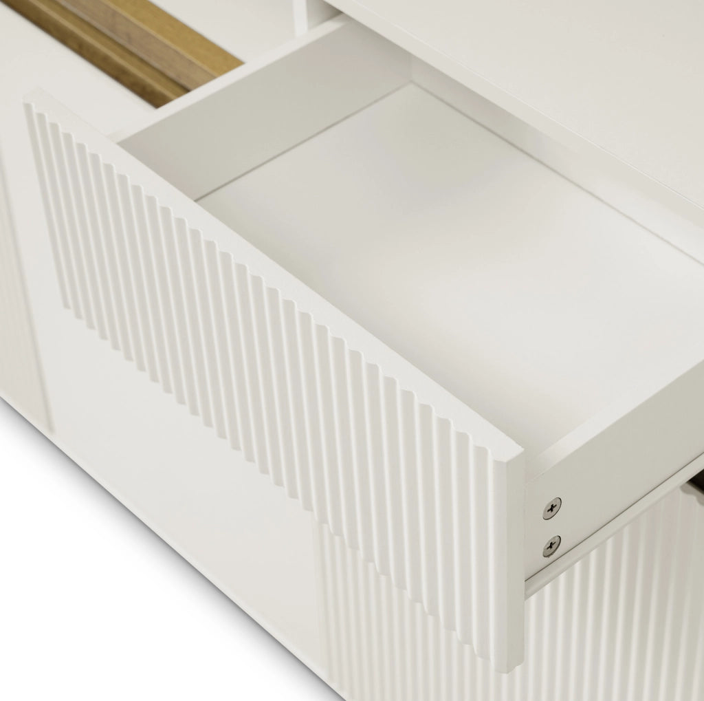 Credenza bianca con LED, 2 cassetti e ripiani regolabili