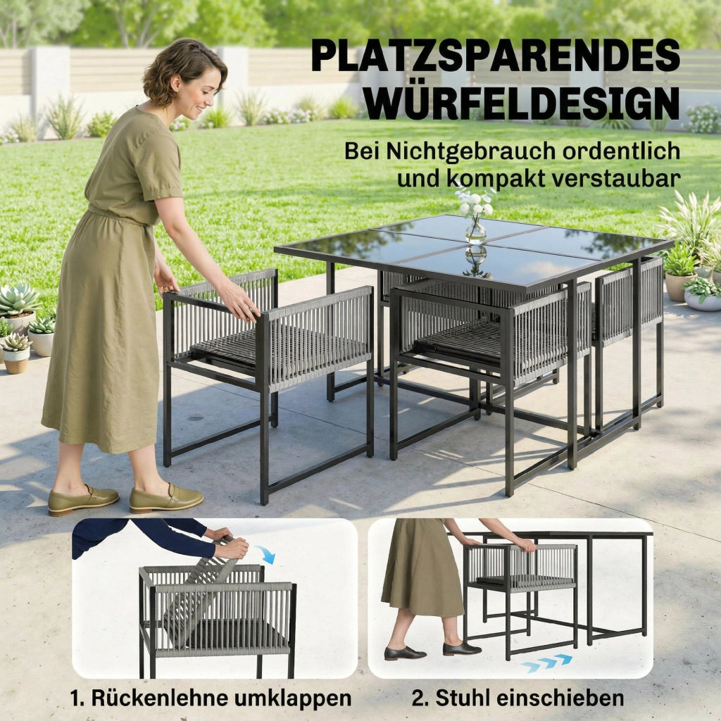 Set Giardino 5 Pezzi con Tavolo Vetro e 4 Sedie Pieghevoli ¨C zephmum ¨C Grigio