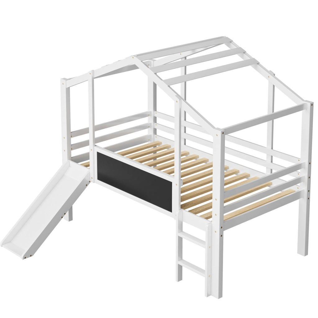 OKWISH Letto a Soppalco Bambini 90×200 cm, Letto Singolo con Scala di Sicurezza, Scivolo e Lavagna, senza Materasso, in Legno Massello, Bianco