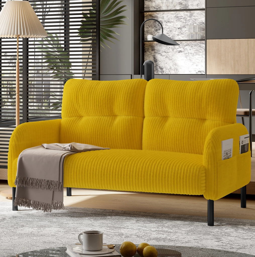 Set divano; poltrona e pouf con tasca laterale in corduroy giallo