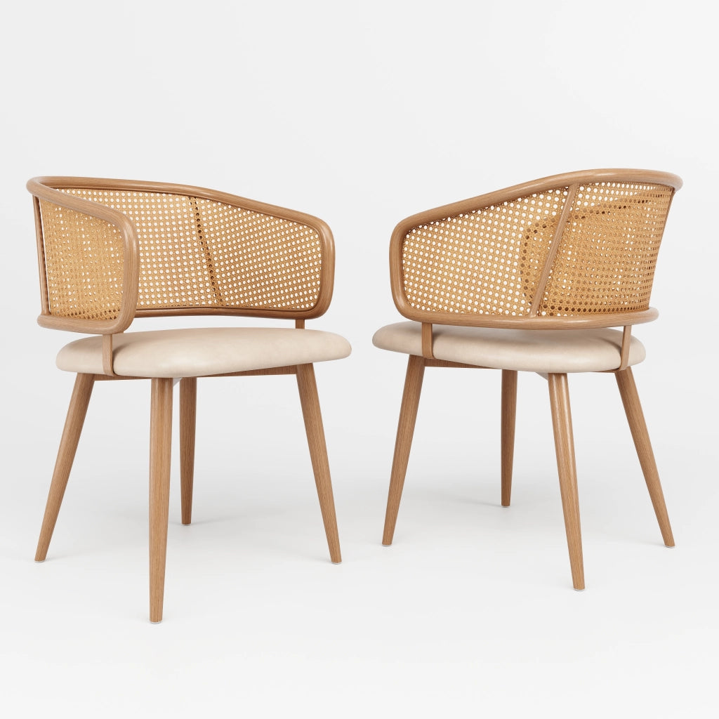 Sedie da Pranzo con Schienale in Rattan ¨C MINIMAL ¨C Seduta in Ecopelle, Stile Moderno, Set 2 Pezzi