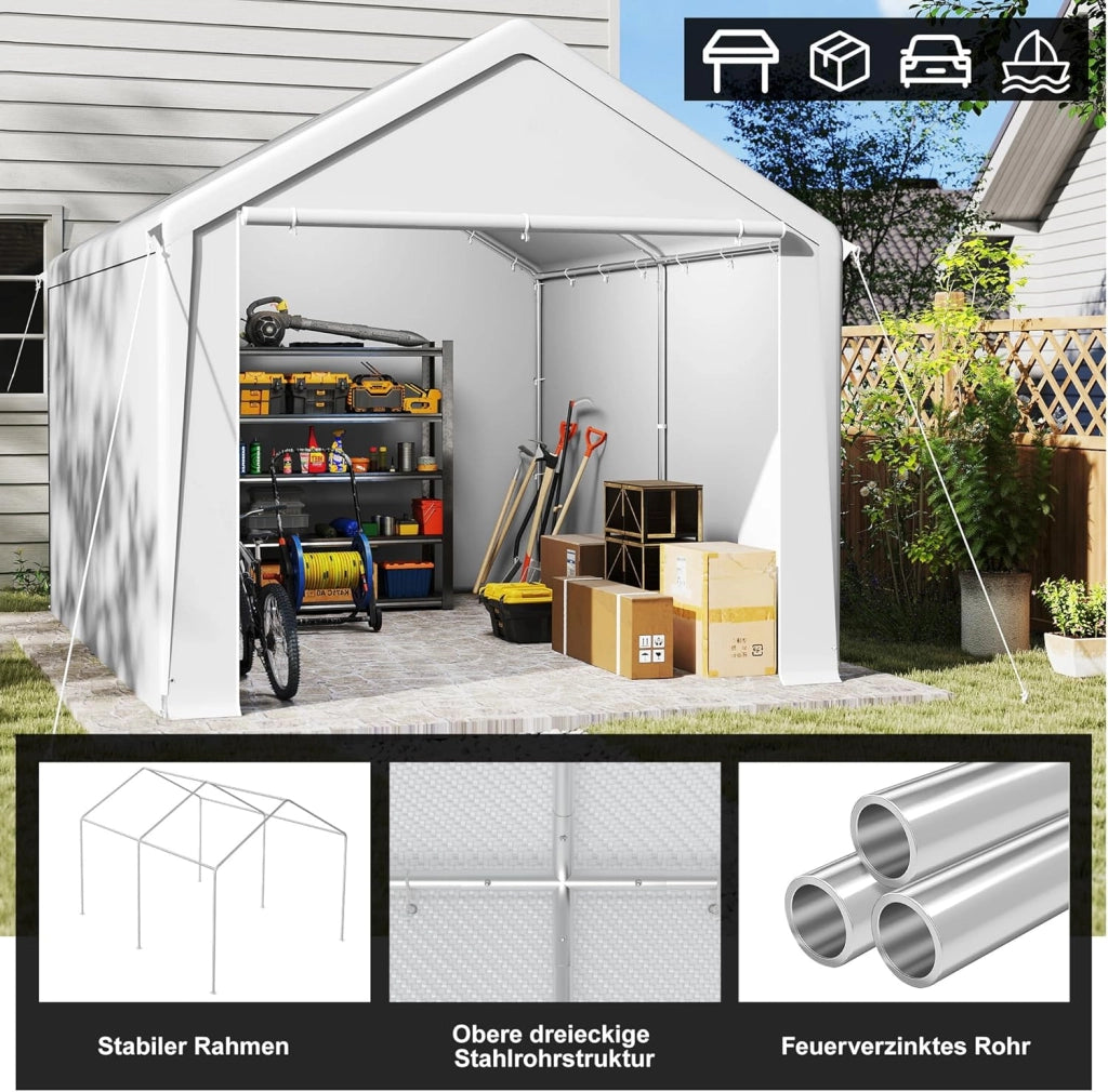 Casetta per attrezzi da giardino, 12 m³, in PE, con pareti laterali rimovibili, resistente all'inverno, per garage, per attrezzi da giardino, moto, bicicletta, colore bianco
