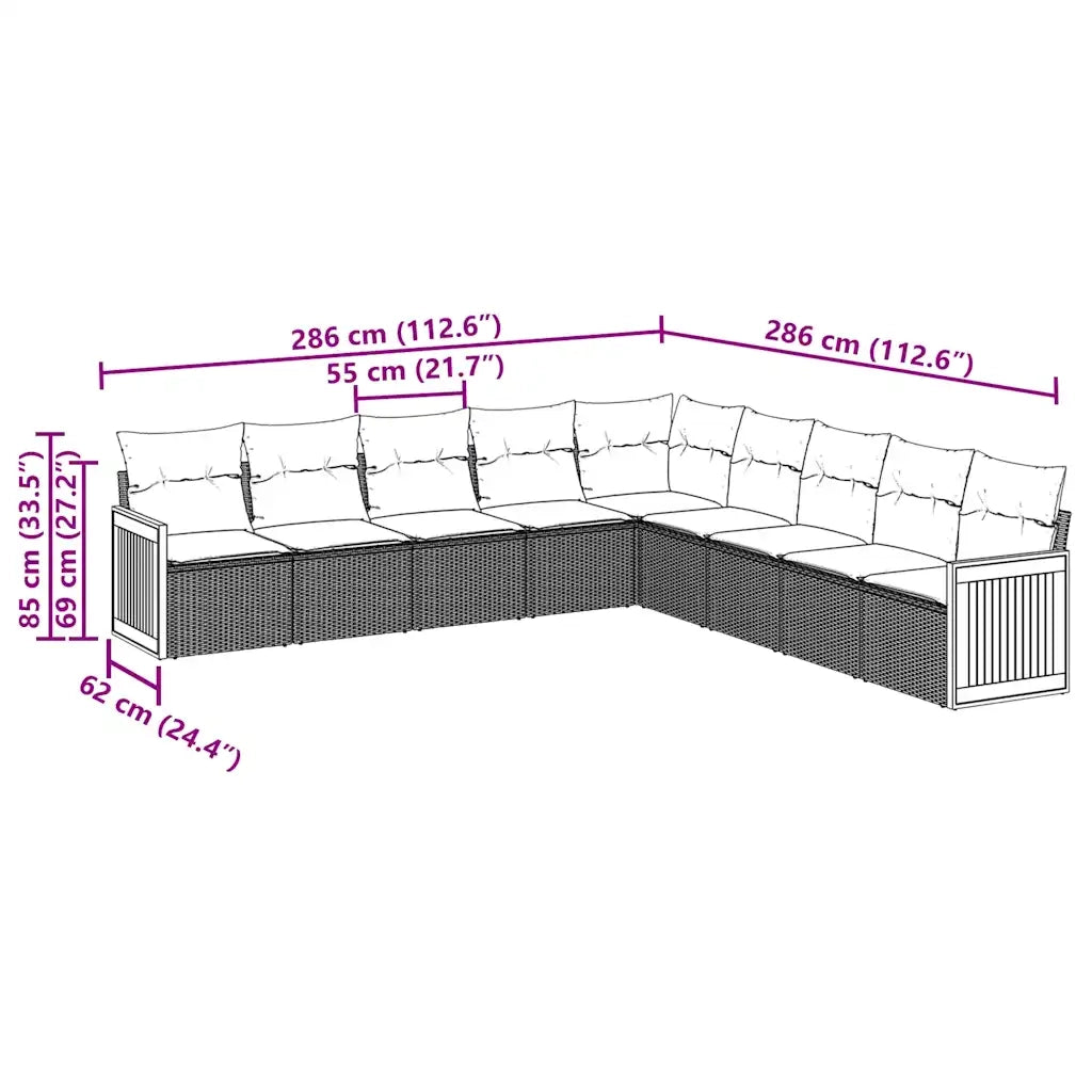 Set Divani da Giardino 9 pz con Cuscini Nero in Polyrattan