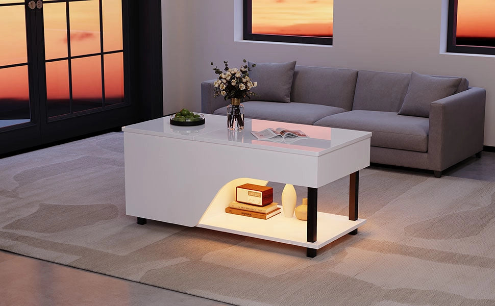TAVOLO DA SALOTTO H 46-60 cm 50x100 cm Bianco con LED e contenitore
