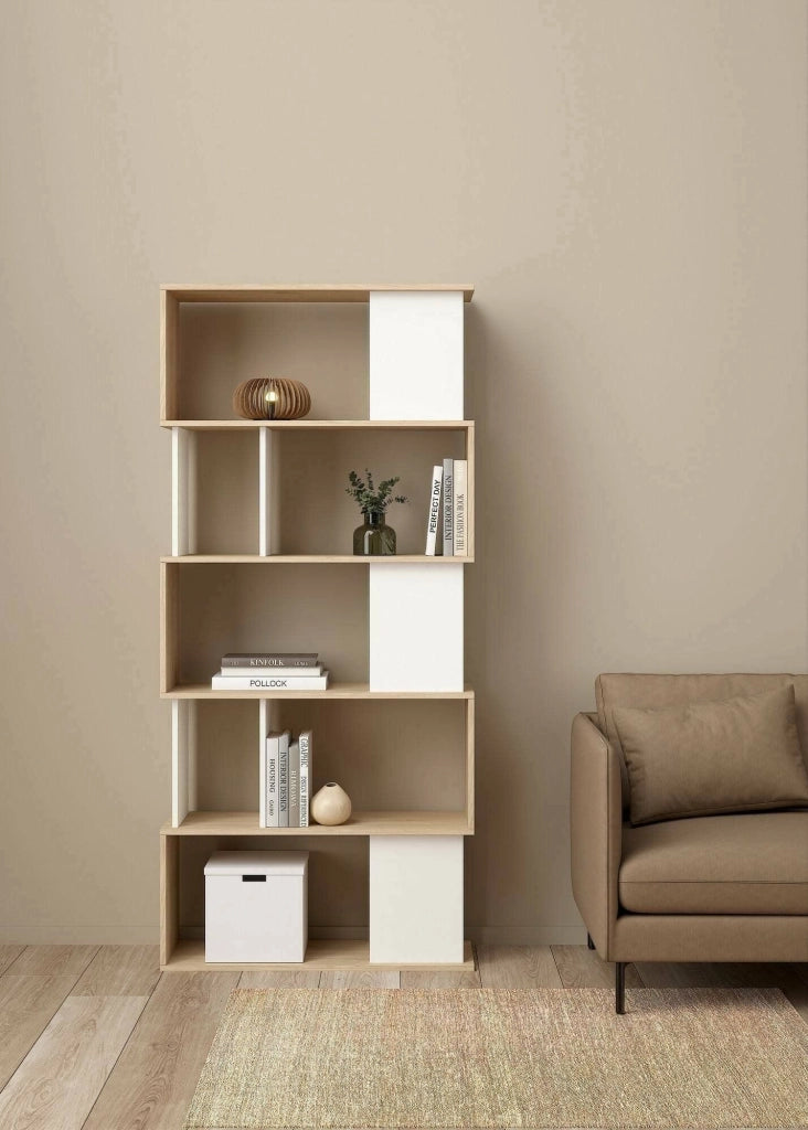 Libreria Arg, Scaffale da ufficio, Mobile portalibri, Biblioteca, 80x30 h174 cm, Rovere e Bianco