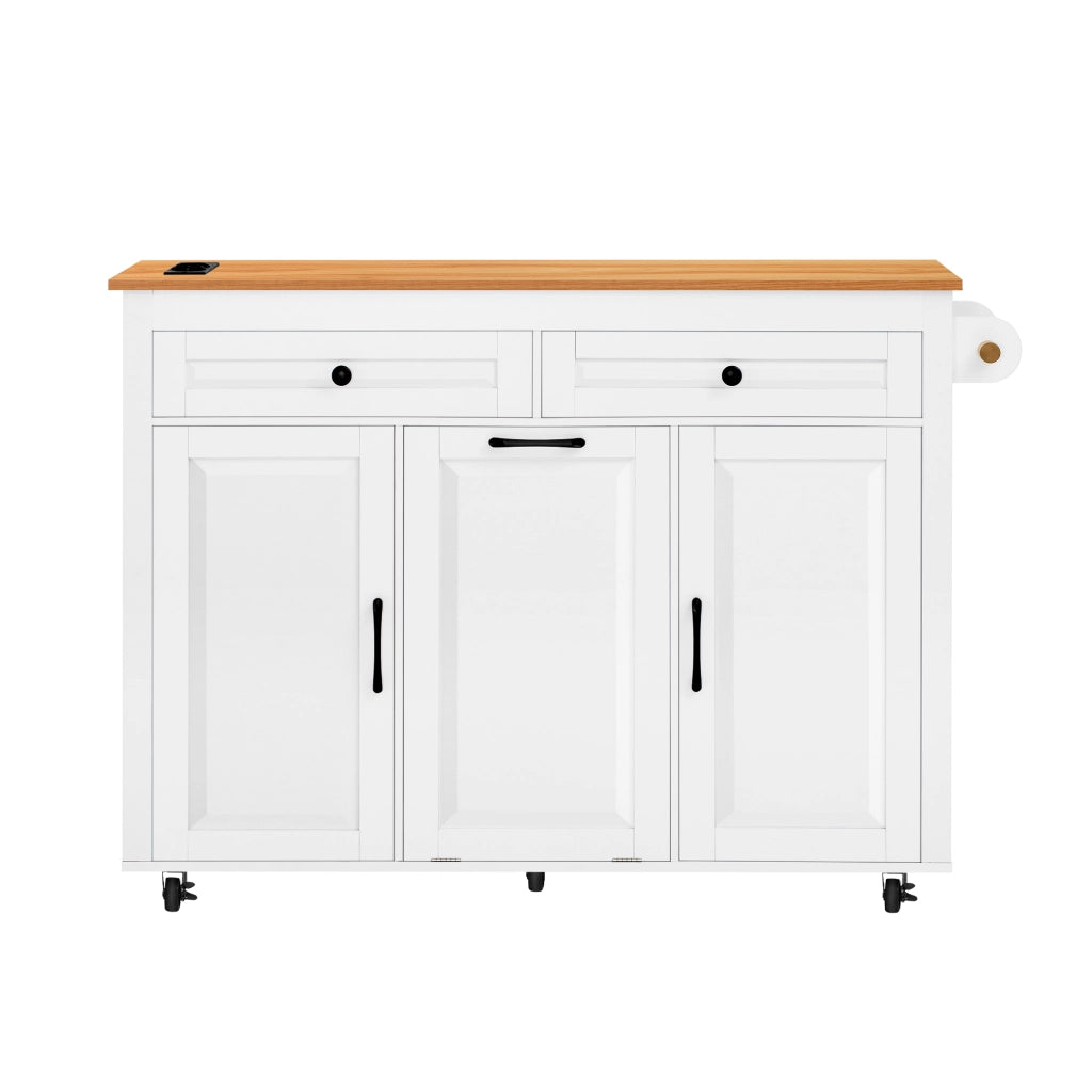 Isola da Cucina con Piano Estensibile; Vano per Pattumiera e Prese; per Cucina e Sala da Pranzo; in MDF; 120x40-75x92 cm; Bianca