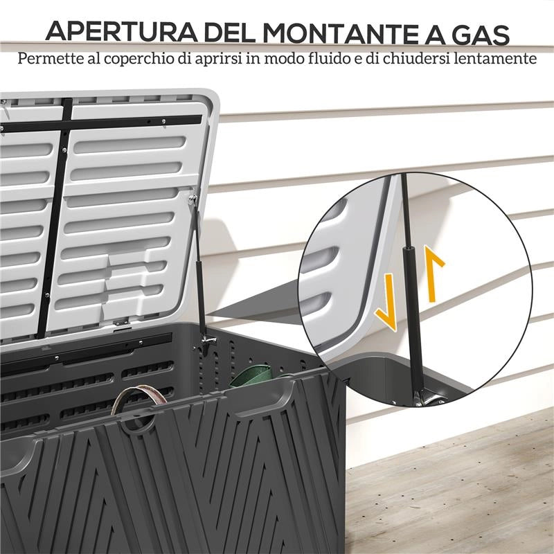 PANCA CONTENITORE 380L IN HDPE CON 2 MANIGLIE LATERALI E LEVA A GAS 115X60X60 CM NERO E GRIGIO