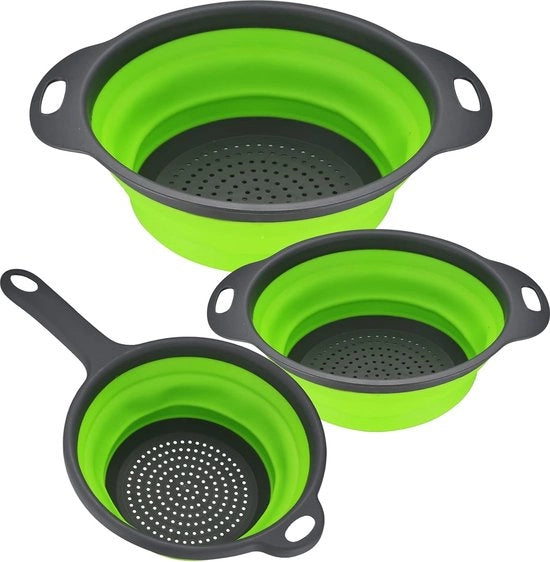 Set di setacci opacos, 3 pezzi, manici di filtraggio siliconici pieghevoli, setaccio per drenare, setaccio per la cucina con manico, setaccio per pasta, verdure, frutta, verde